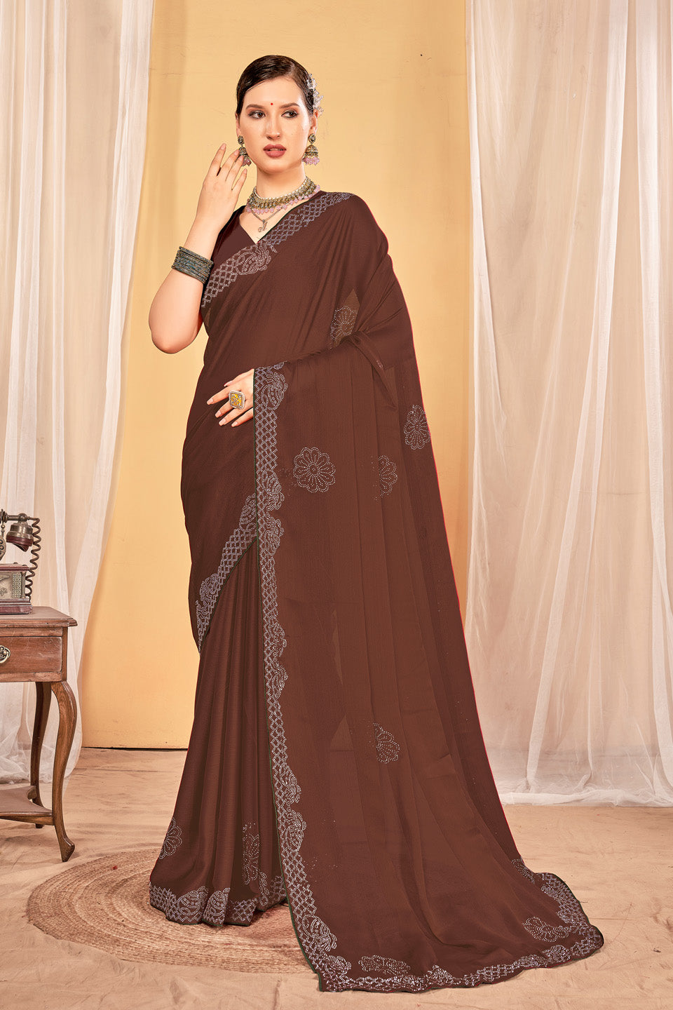 Zamuna Women Brown Georgette Solid Diamond Saree – Subtle Elegance in Rich Brown