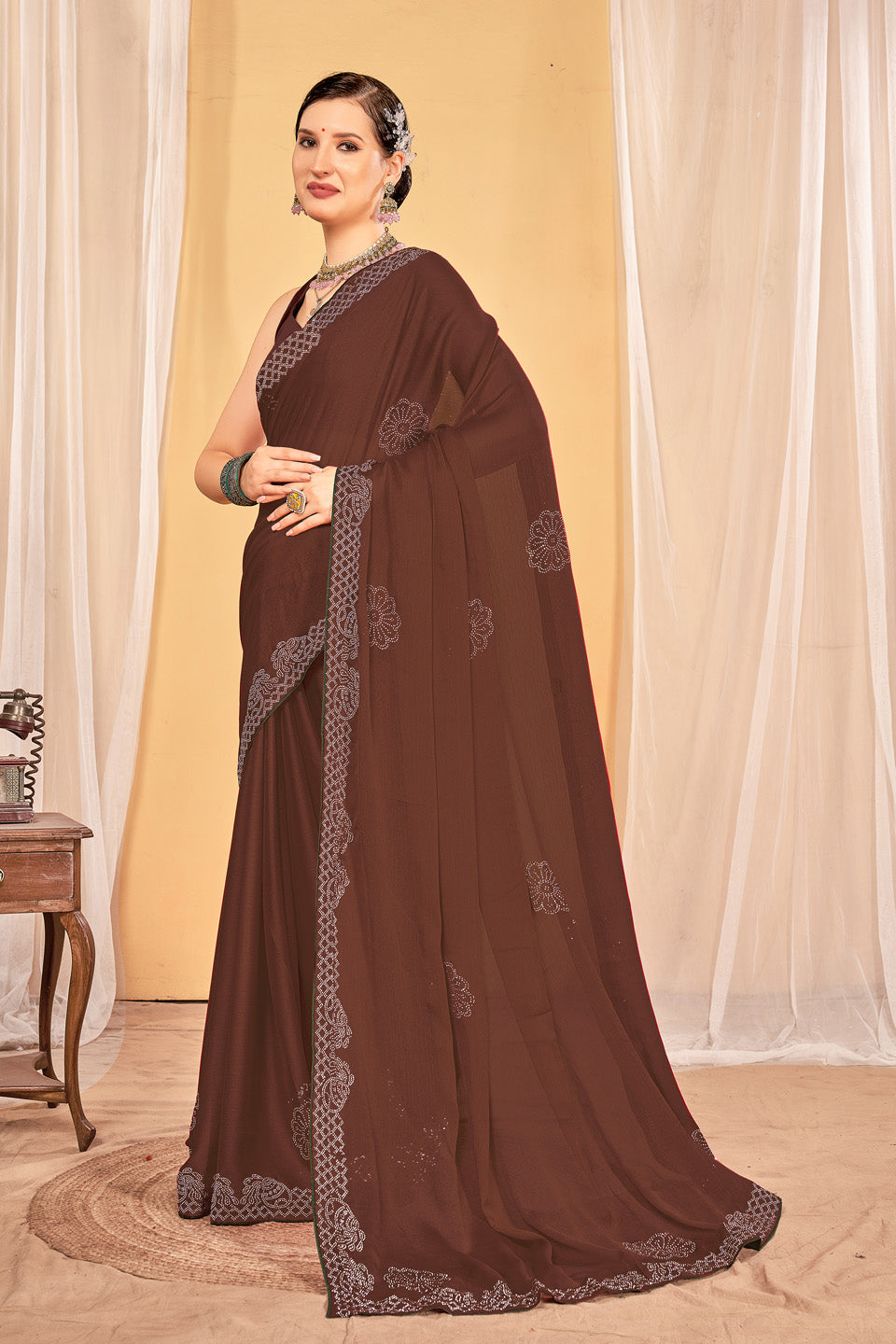 Zamuna Women Brown Georgette Solid Diamond Saree – Subtle Elegance in Rich Brown