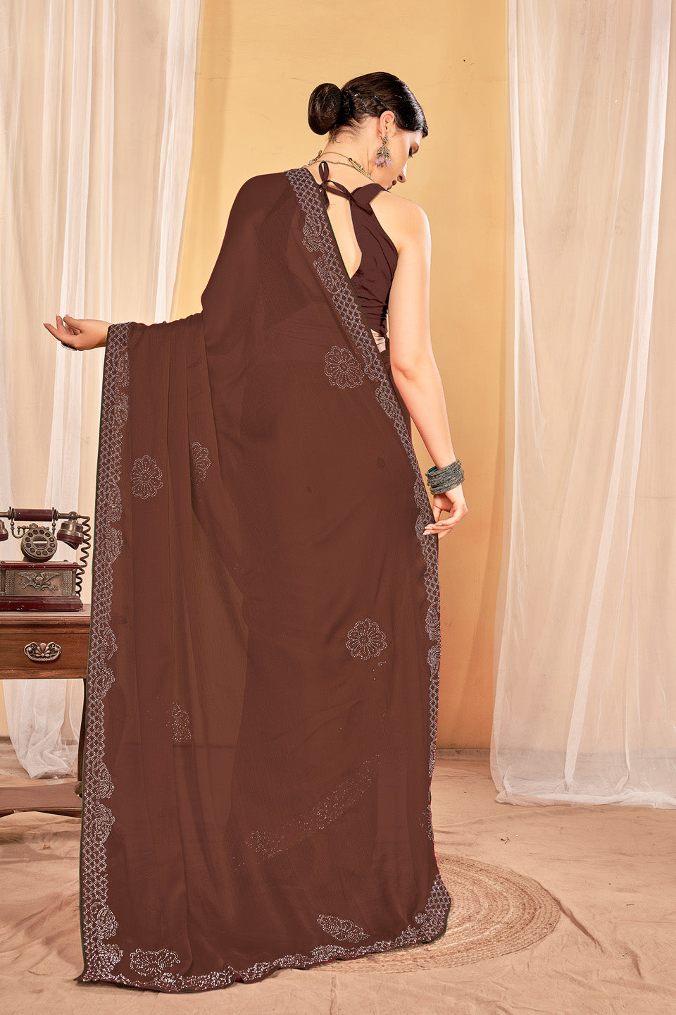 Zamuna Women Brown Georgette Solid Diamond Saree – Subtle Elegance in Rich Brown