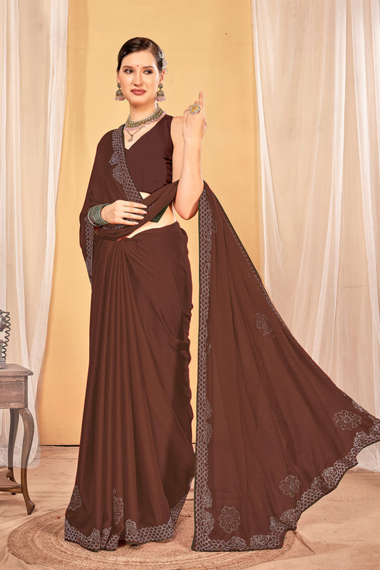 Zamuna Women Brown Georgette Solid Diamond Saree – Subtle Elegance in Rich Brown