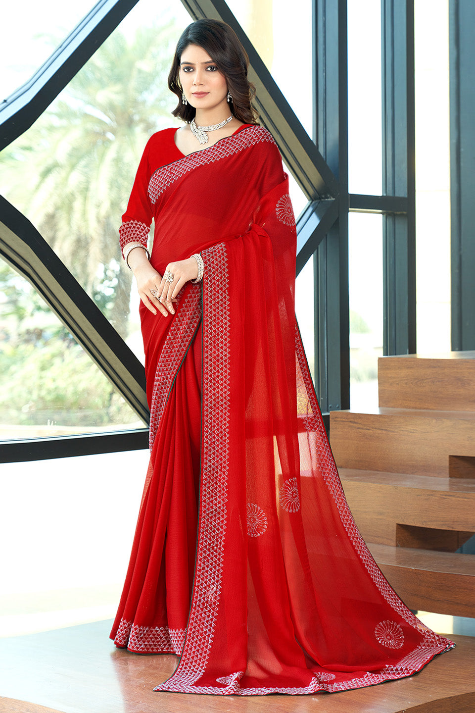Zamuna Women Red Georgette Solid Diamond Saree – Vibrant Elegance in Red