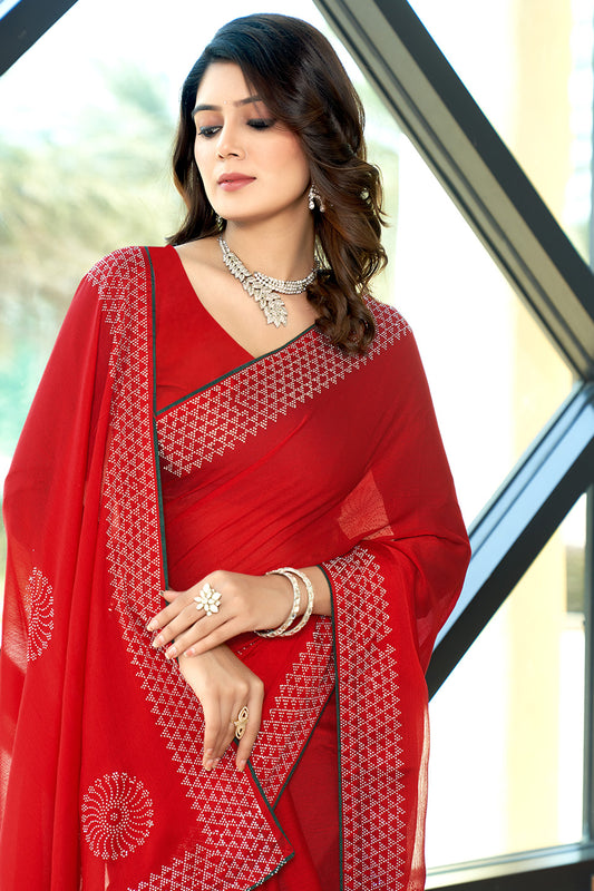 Zamuna Women Red Georgette Solid Diamond Saree – Vibrant Elegance in Red