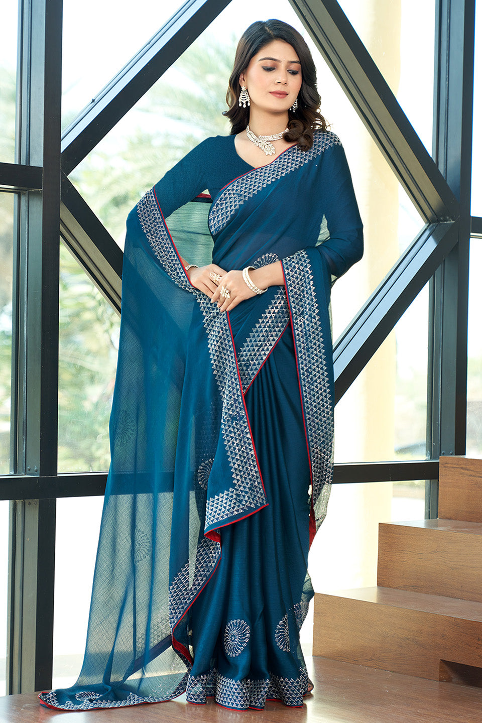 Zamuna Women Blue Georgette Solid Diamond Saree – Elegant Charm in Soothing Blue