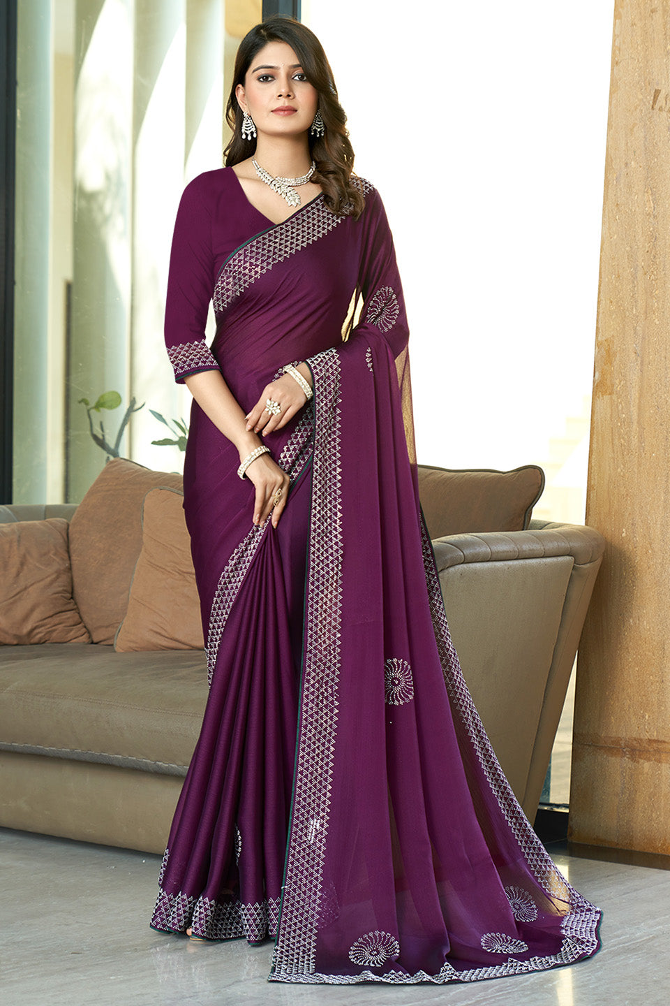 Zamuna Women Purple Georgette Solid Diamond Saree – Subtle Glamour in Elegant Purple