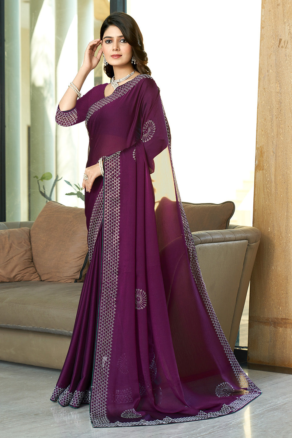 Zamuna Women Purple Georgette Solid Diamond Saree – Subtle Glamour in Elegant Purple