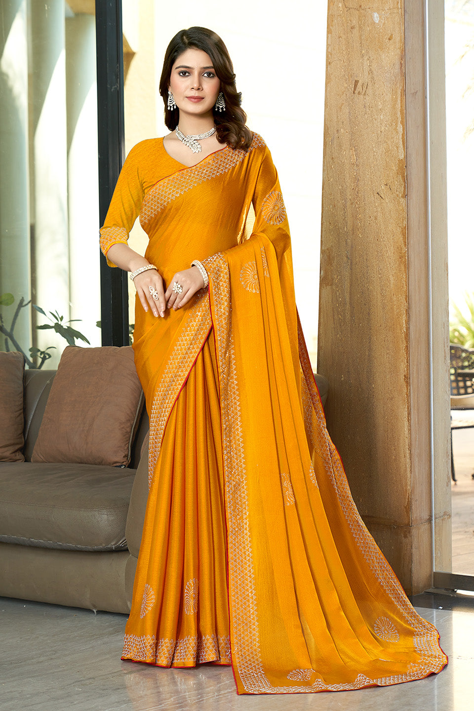Zamuna Women Yellow Georgette Solid Diamond Saree – Radiant Elegance in Sunshine Yellow