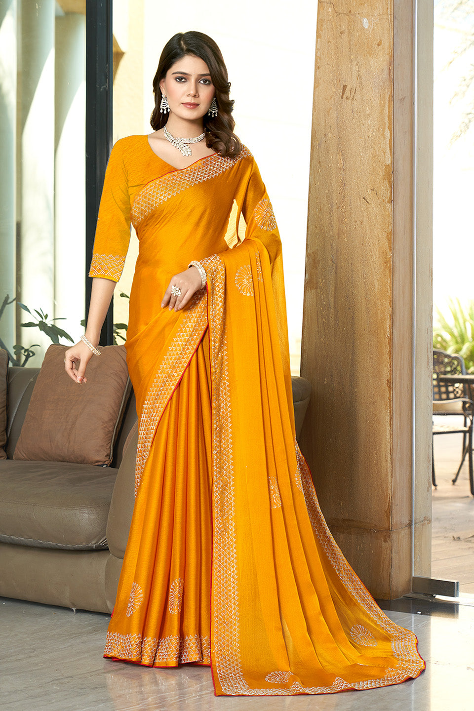 Zamuna Women Yellow Georgette Solid Diamond Saree – Radiant Elegance in Sunshine Yellow