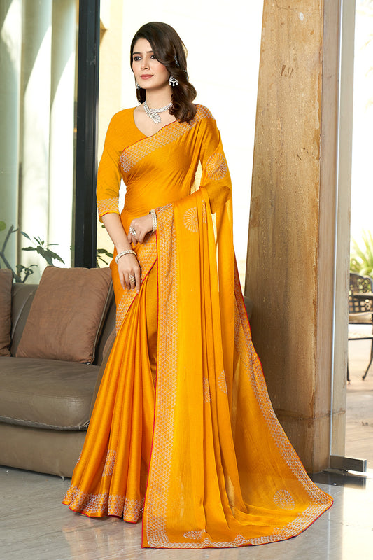 Zamuna Women Yellow Georgette Solid Diamond Saree – Radiant Elegance in Sunshine Yellow