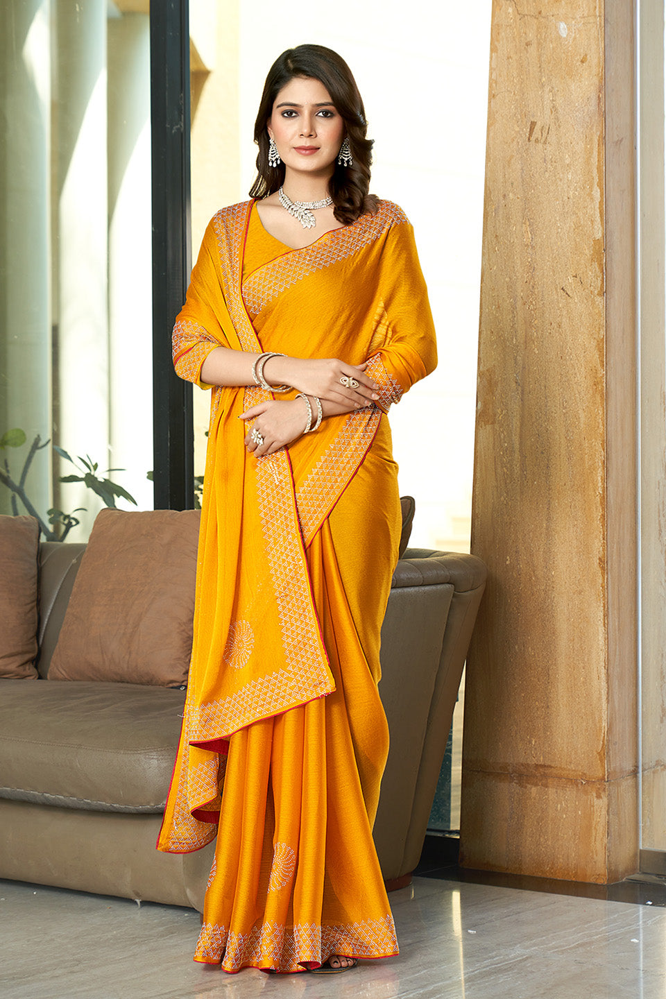 Zamuna Women Yellow Georgette Solid Diamond Saree – Radiant Elegance in Sunshine Yellow