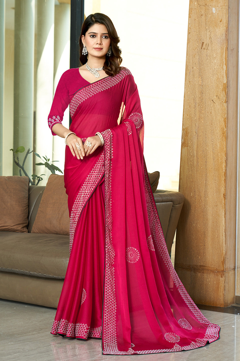 Zamuna Women Pink Georgette Solid Diamond Saree – Feminine Elegance in Soft Pink