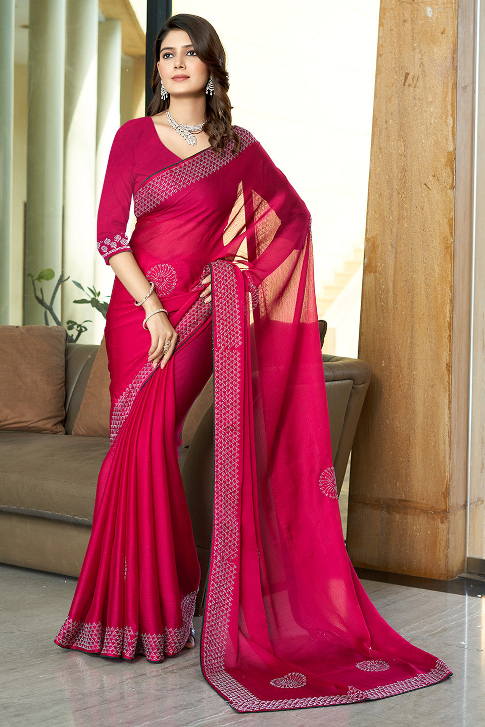 Zamuna Women Pink Georgette Solid Diamond Saree – Feminine Elegance in Soft Pink