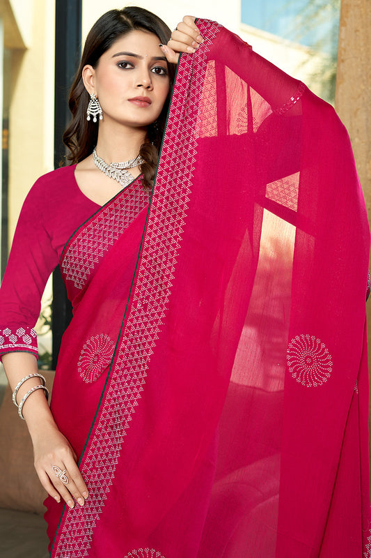 Zamuna Women Pink Georgette Solid Diamond Saree – Feminine Elegance in Soft Pink