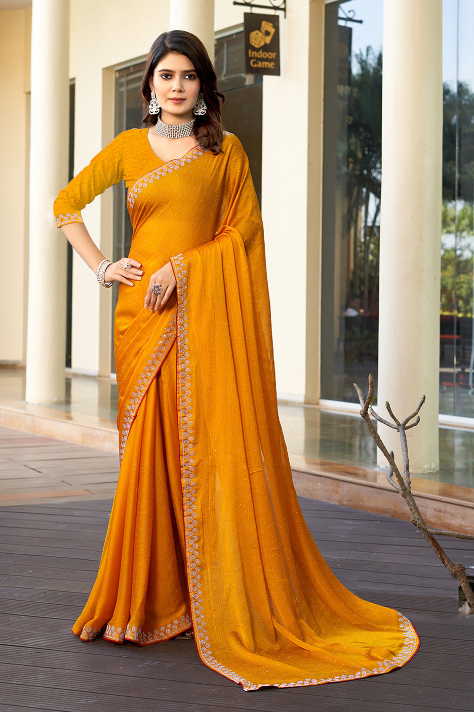 Zamuna Women Yellow Georgette Solid Diamond Saree – Radiant Elegance in Sunshine Yellow