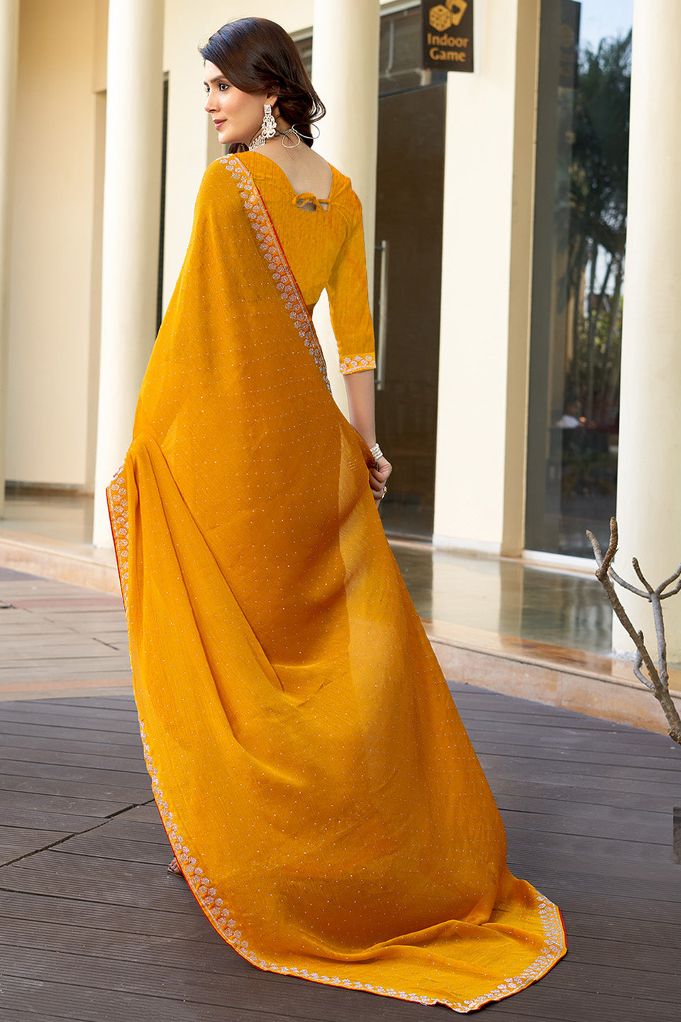 Zamuna Women Yellow Georgette Solid Diamond Saree – Radiant Elegance in Sunshine Yellow