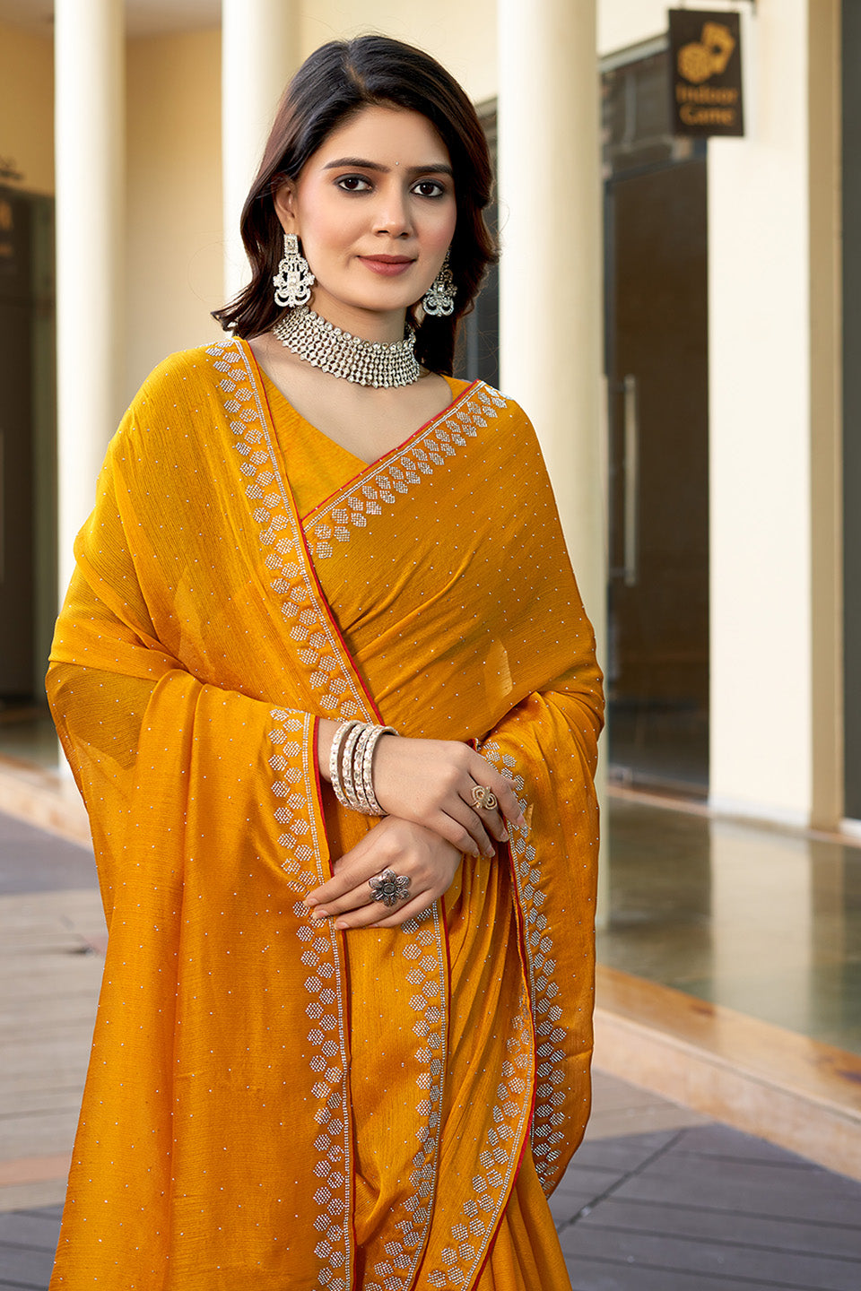 Zamuna Women Yellow Georgette Solid Diamond Saree – Radiant Elegance in Sunshine Yellow