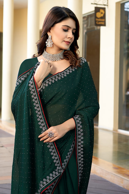 Zamuna Women Green Georgette Solid Diamond Saree – Subtle Glamour in Refreshing Green