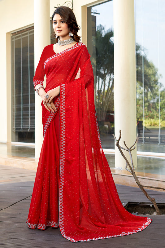 Zamuna Women Red Georgette Solid Diamond Saree – Bold Elegance in Vibrant Red