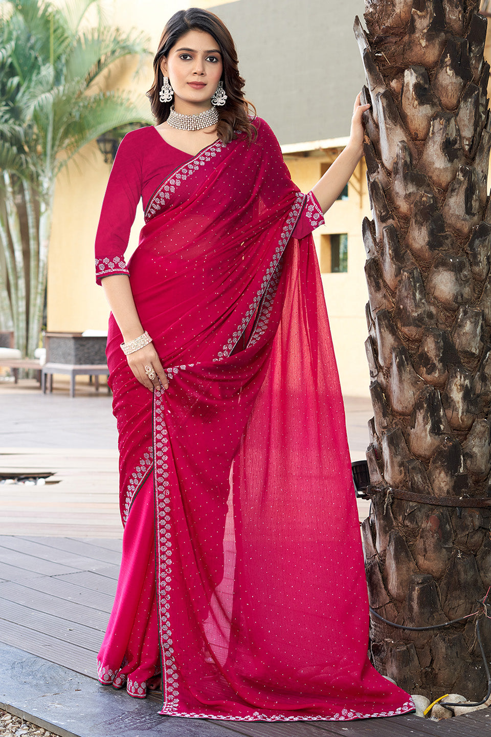 Zamuna Women Pink Georgette Solid Diamond Saree – Subtle Glamour in Soft Pink