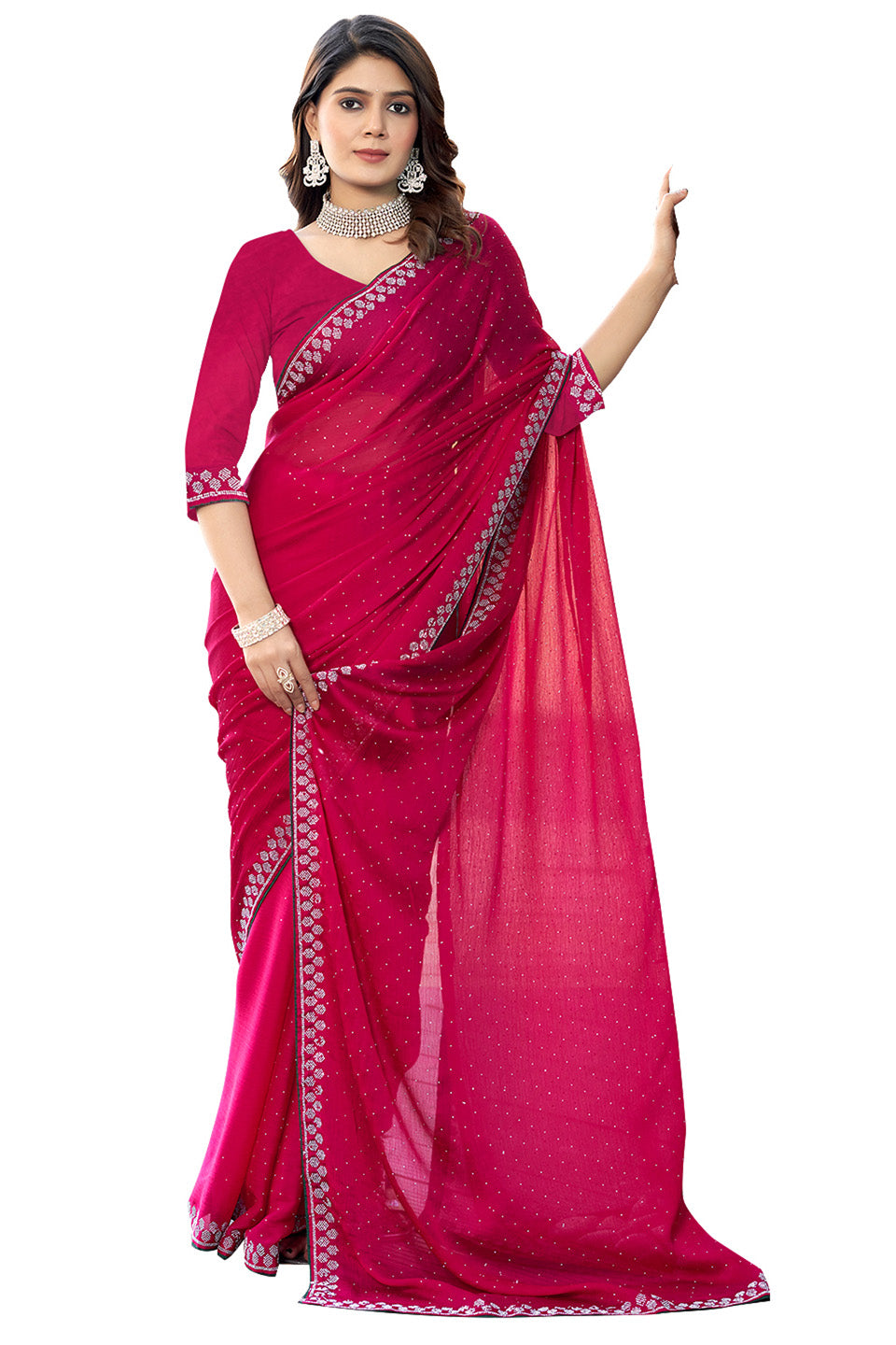 Zamuna Women Pink Georgette Solid Diamond Saree – Subtle Glamour in Soft Pink