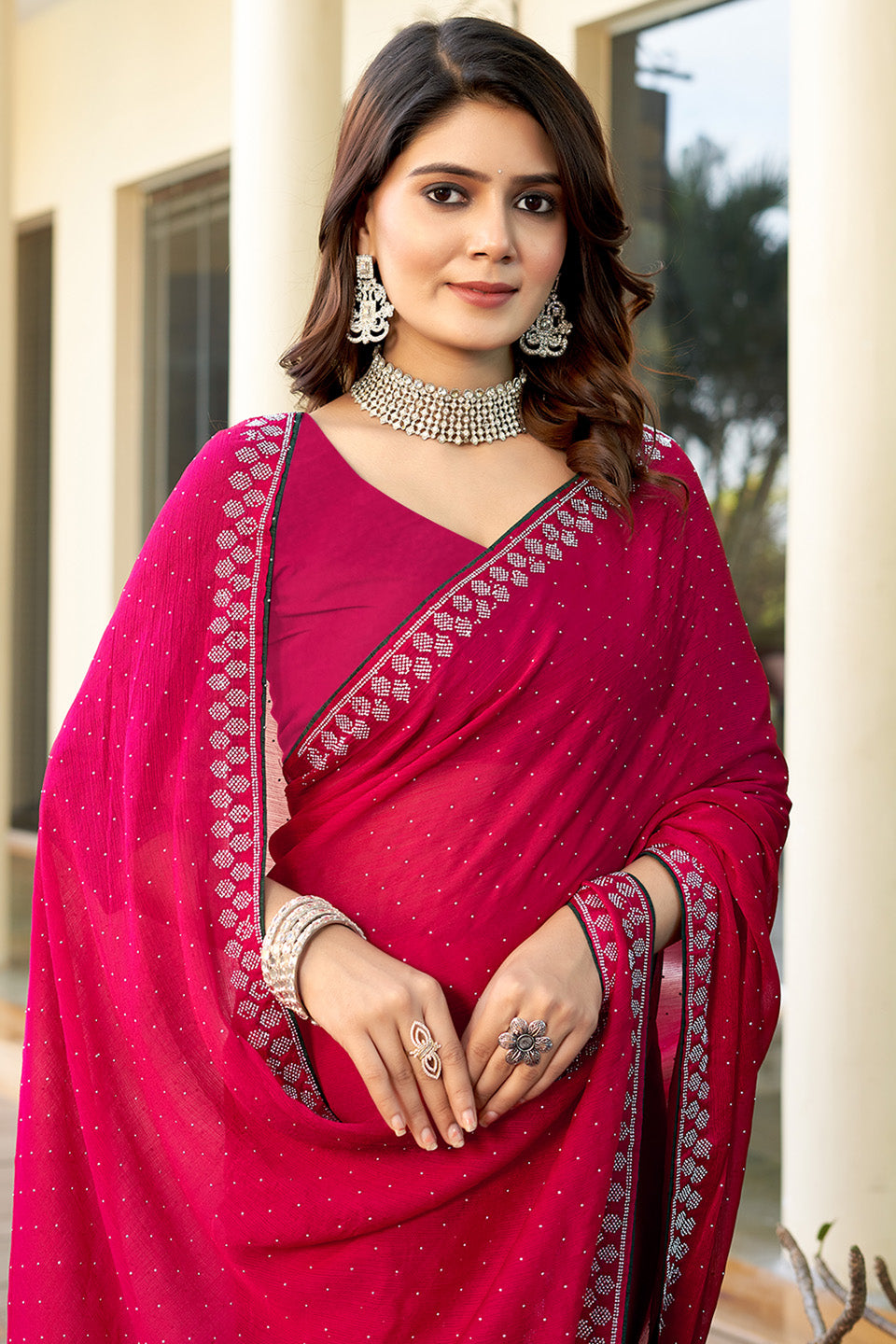 Zamuna Women Pink Georgette Solid Diamond Saree – Subtle Glamour in Soft Pink