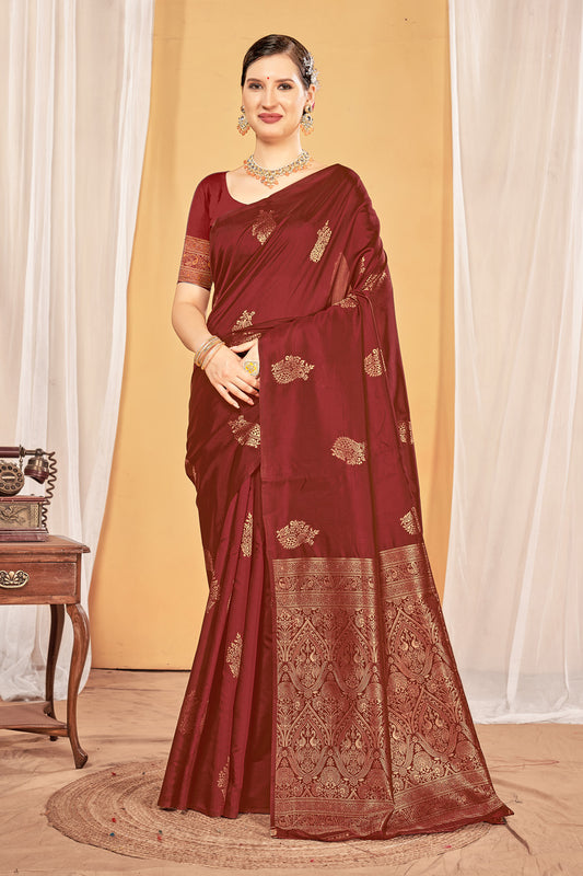 Zamuna Women Brown Silk Floral Woven Saree – Classic Elegance in Rich Brown