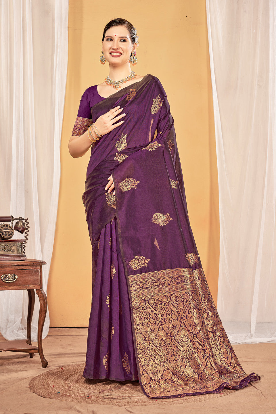 Zamuna Women Purple Silk Floral Woven Saree – Regal Elegance in Deep Purple
