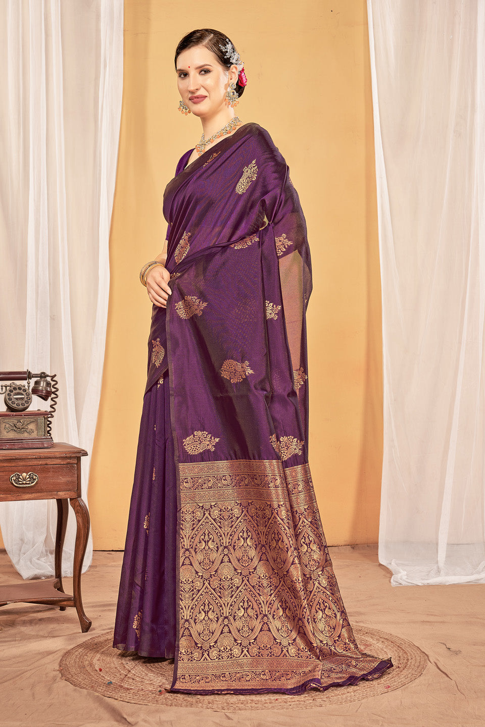 Zamuna Women Purple Silk Floral Woven Saree – Regal Elegance in Deep Purple