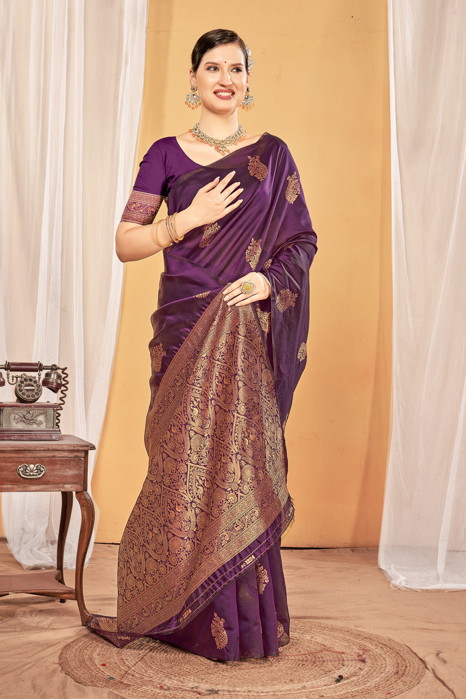 Zamuna Women Purple Silk Floral Woven Saree – Regal Elegance in Deep Purple
