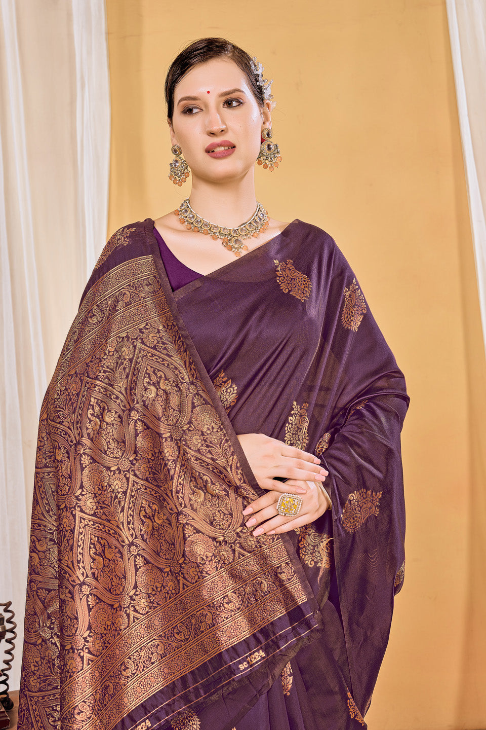 Zamuna Women Purple Silk Floral Woven Saree – Regal Elegance in Deep Purple