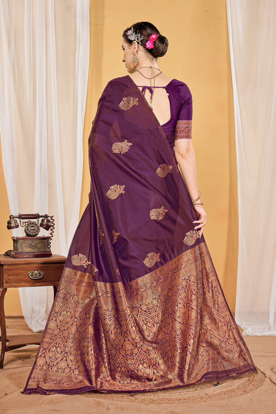 Zamuna Women Purple Silk Floral Woven Saree – Regal Elegance in Deep Purple
