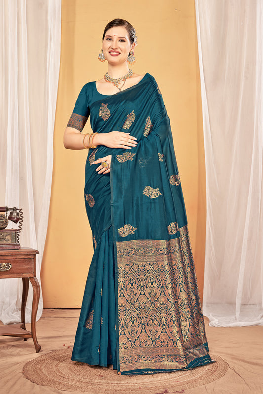 Zamuna Women Teal Silk Floral Woven Saree – Timeless Elegance in Teal