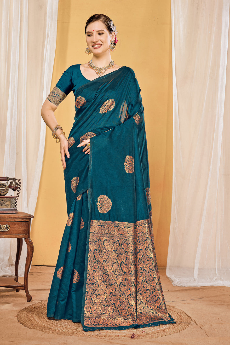 Zamuna Women Teal Silk Floral Woven Saree – Elegant Charm in Teal