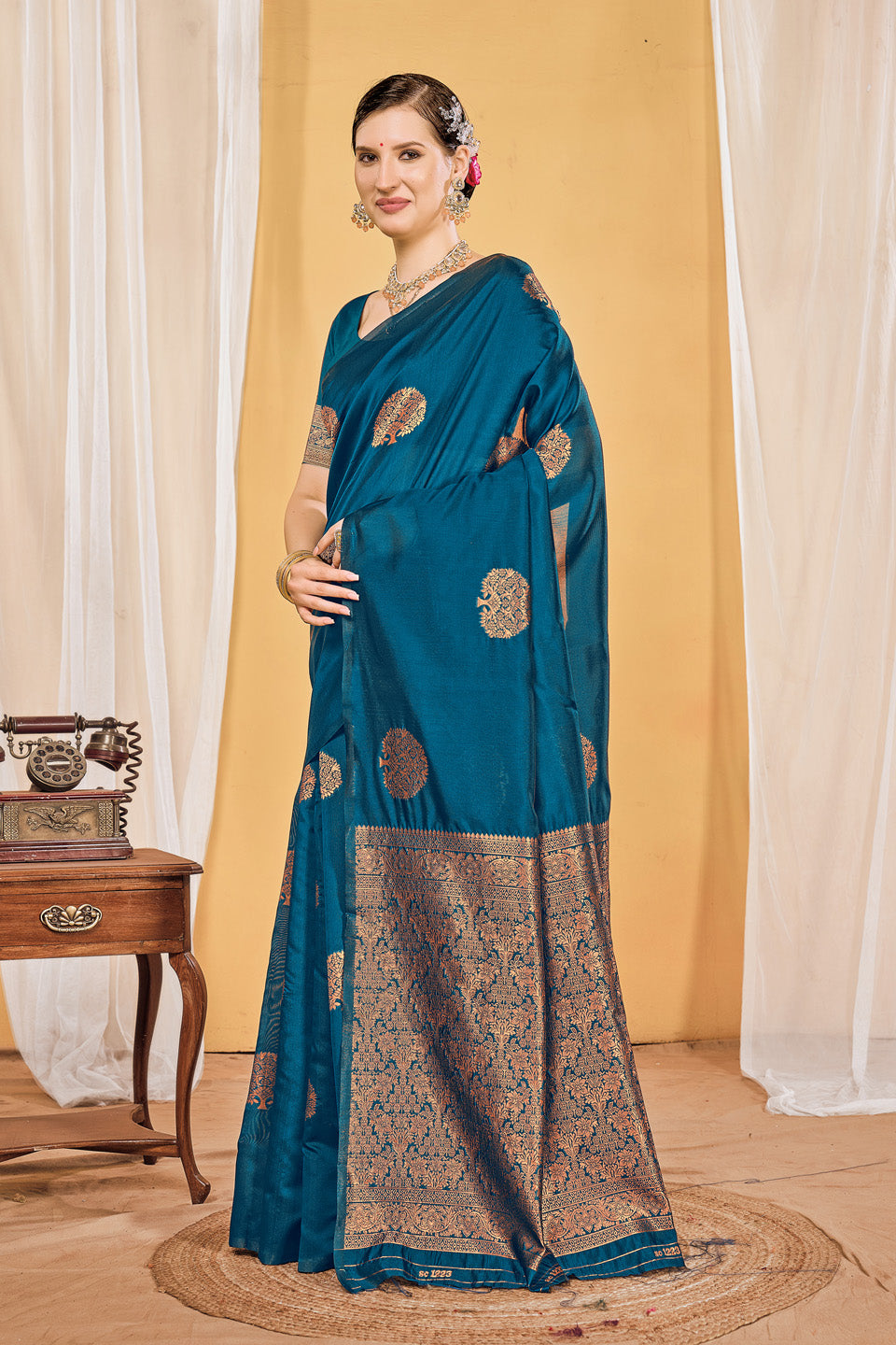 Zamuna Women Teal Silk Floral Woven Saree – Elegant Charm in Teal