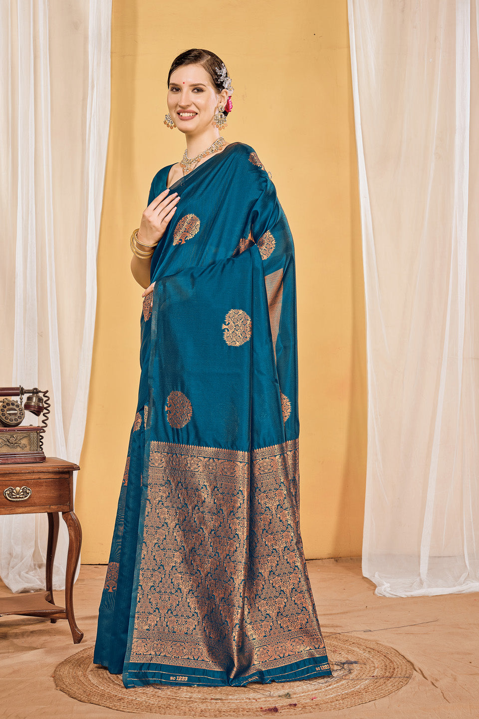 Zamuna Women Teal Silk Floral Woven Saree – Elegant Charm in Teal