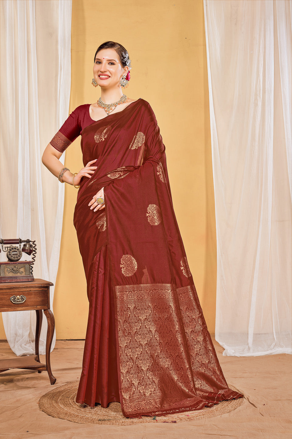 Zamuna Women Brown Silk Floral Woven Saree – Classic Elegance in Rich Brown