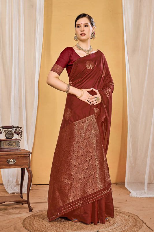 Zamuna Women Brown Silk Floral Woven Saree – Classic Elegance in Rich Brown