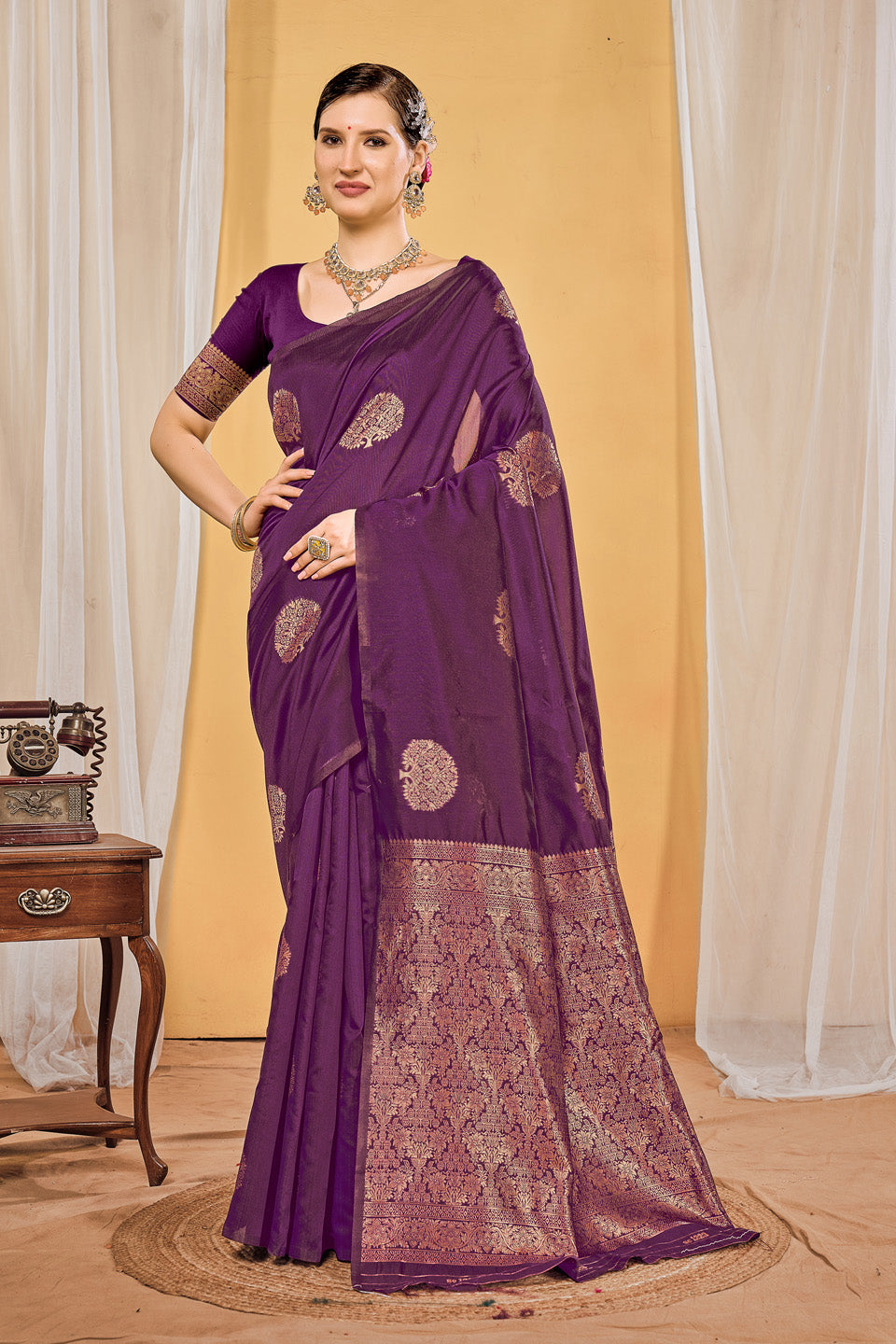 Zamuna Women Purple Silk Floral Woven Saree – Regal Elegance in Rich Purple