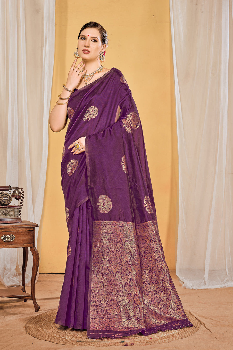 Zamuna Women Purple Silk Floral Woven Saree – Regal Elegance in Rich Purple