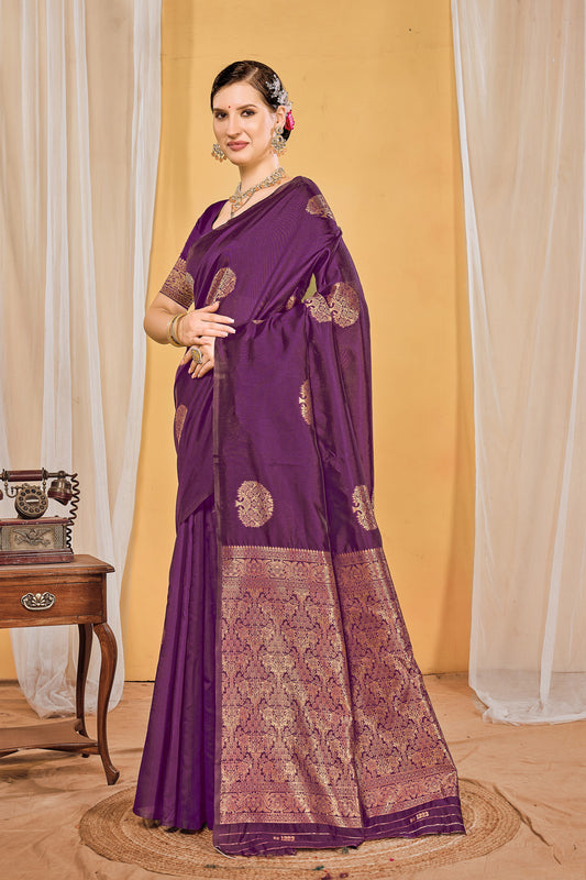 Zamuna Women Purple Silk Floral Woven Saree – Regal Elegance in Rich Purple