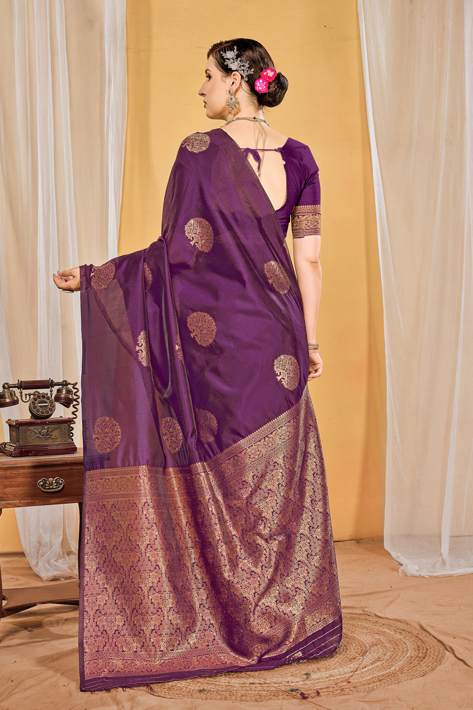 Zamuna Women Purple Silk Floral Woven Saree – Regal Elegance in Rich Purple