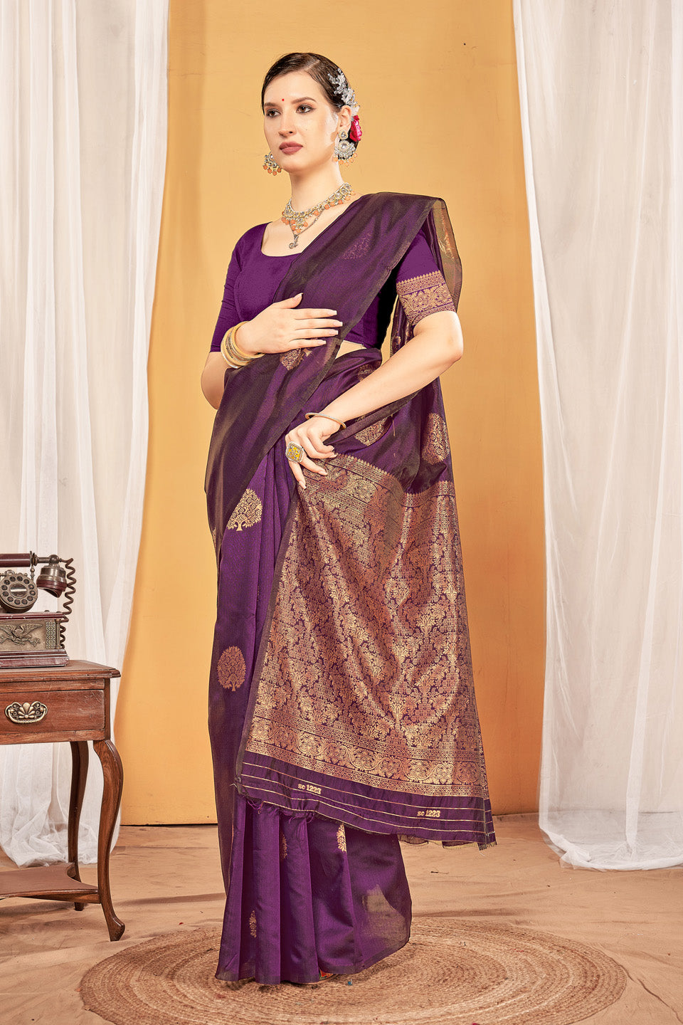 Zamuna Women Purple Silk Floral Woven Saree – Regal Elegance in Rich Purple