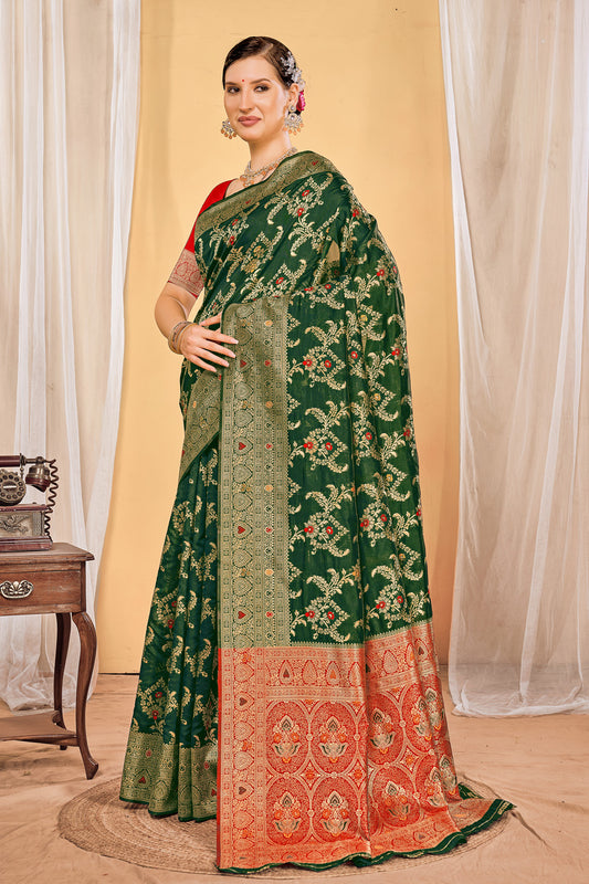 Zamuna Women Dark Green Silk Floral Woven Saree – Regal Elegance in Deep Green