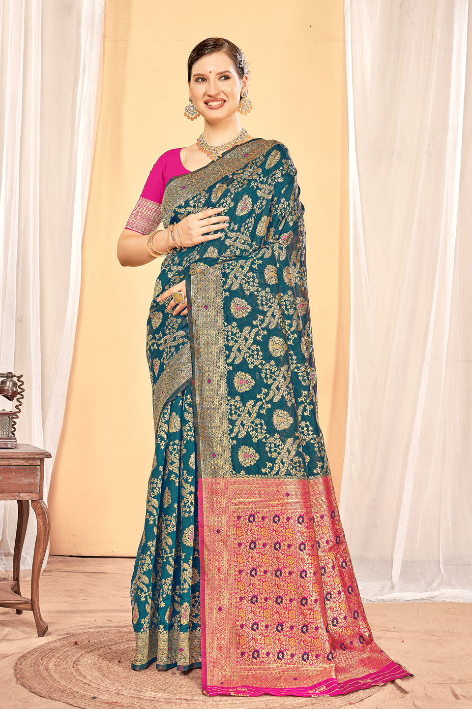 Zamuna Women Teal Silk Floral Woven Saree – Timeless Elegance in Teal