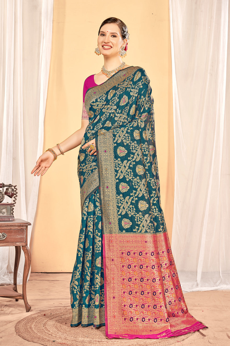 Zamuna Women Teal Silk Floral Woven Saree – Timeless Elegance in Teal