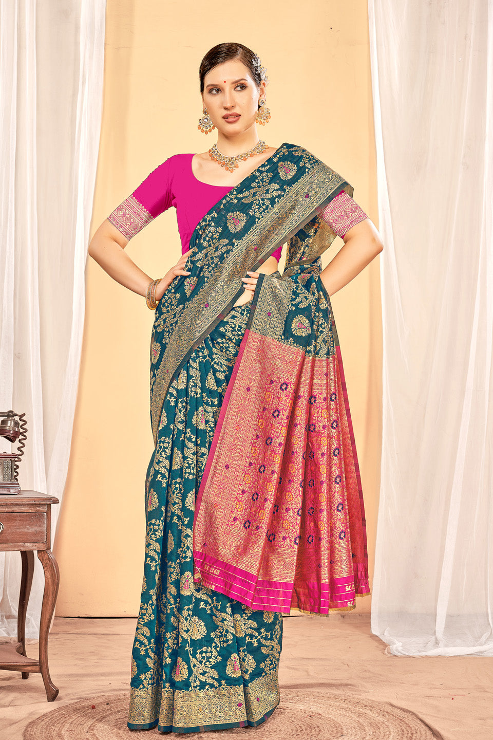 Zamuna Women Teal Silk Floral Woven Saree – Timeless Elegance in Teal