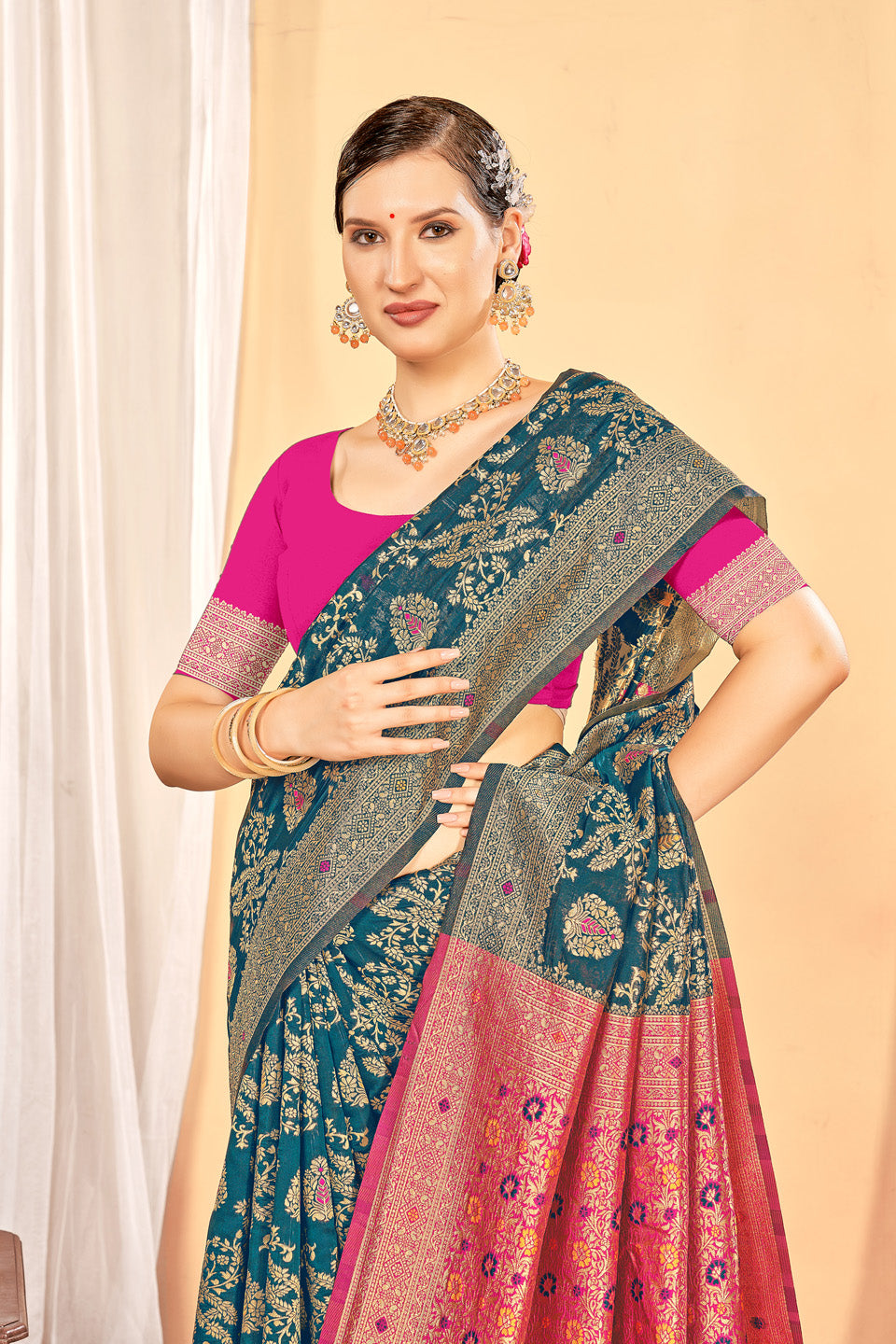 Zamuna Women Teal Silk Floral Woven Saree – Timeless Elegance in Teal