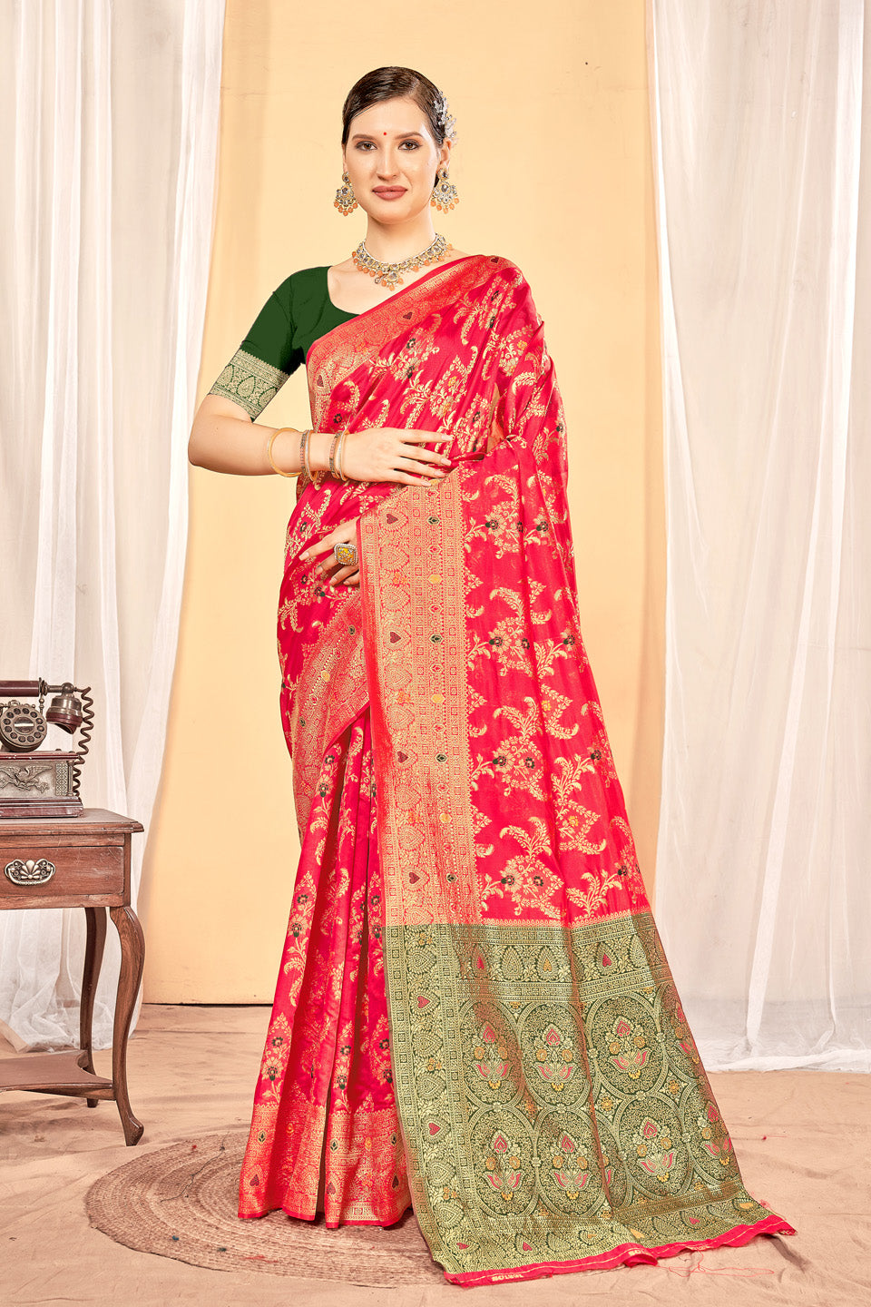 Zamuna Women Red Silk Floral Woven Saree – Timeless Elegance in Rich Red