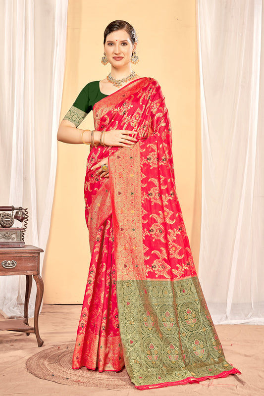 Zamuna Women Red Silk Floral Woven Saree – Timeless Elegance in Rich Red