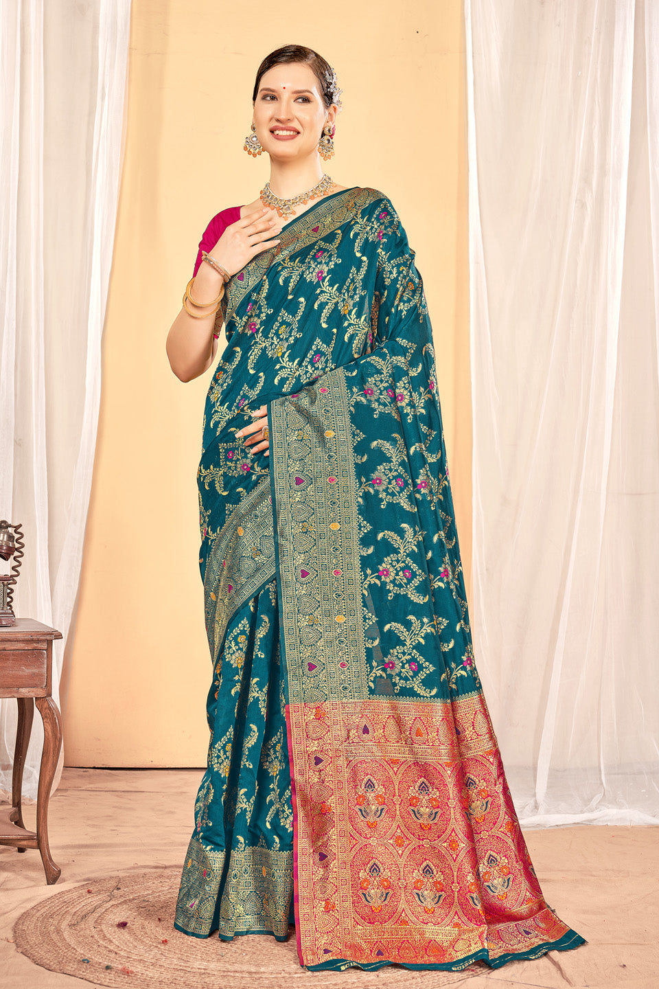 Zamuna Women Dark Blue Silk Floral Woven Saree – Elegance Draped in Deep Blue