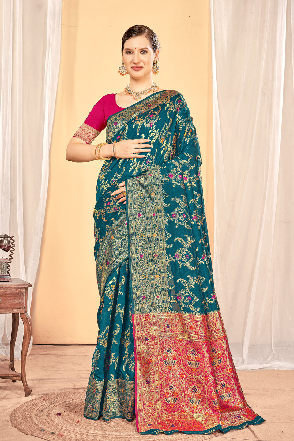 Zamuna Women Dark Blue Silk Floral Woven Saree – Elegance Draped in Deep Blue